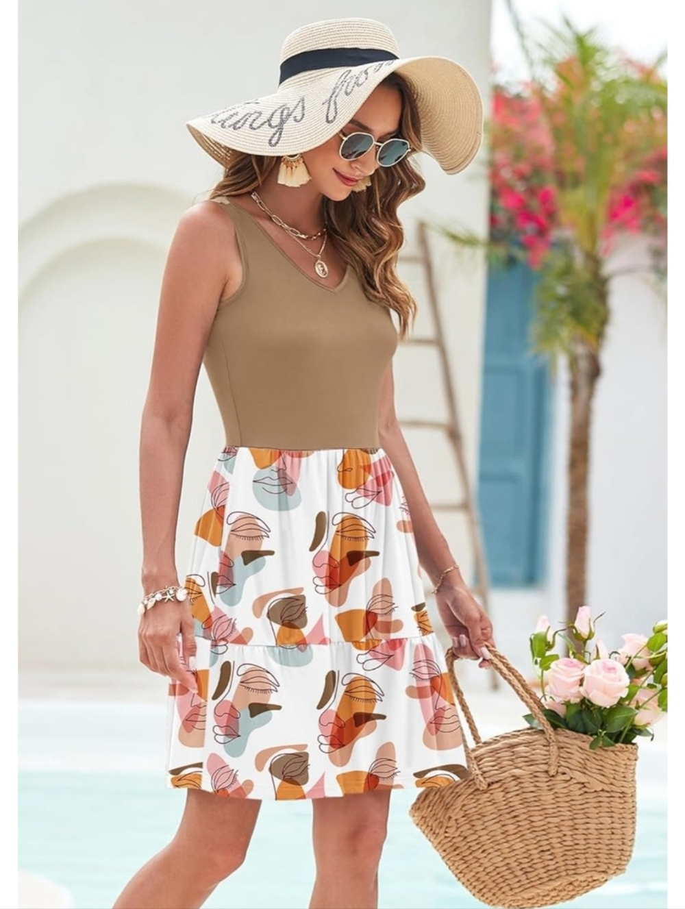 Auselily V-neck Sleeveless Sundress Abstract Face Art To Wear Tan & White Size S